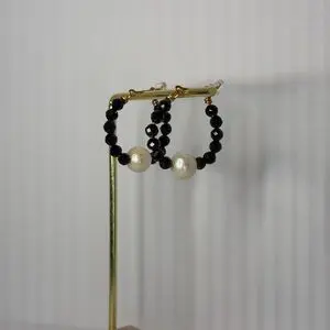 Black Spinel and Pearl Hoop Earrings