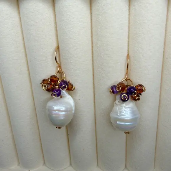 Baroque Pearl Amethyst and Garnet Drop Earrings