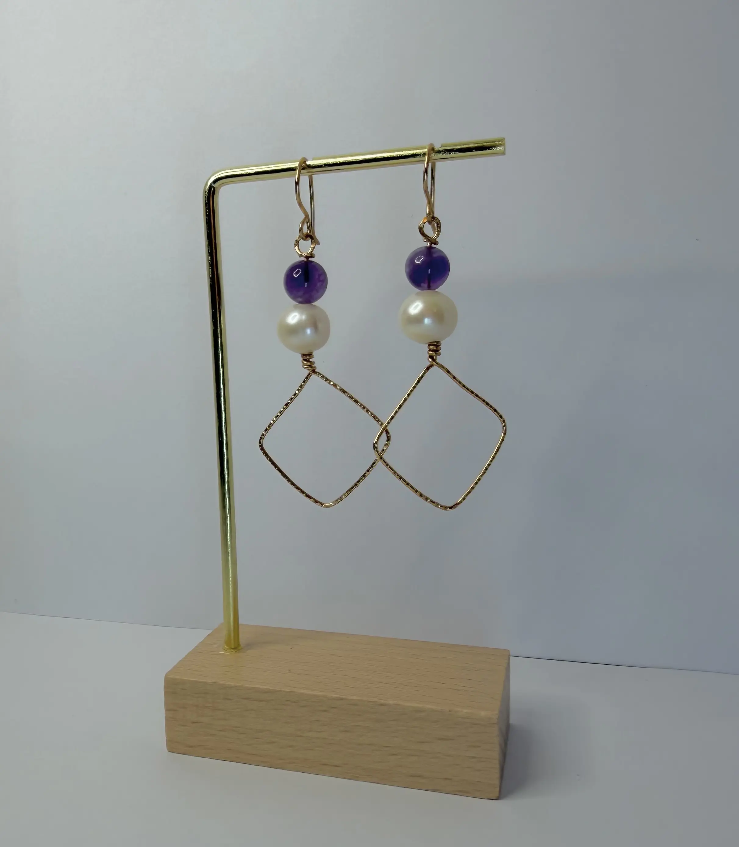 Geometric Amethyst and Pearl Dangle Earrings