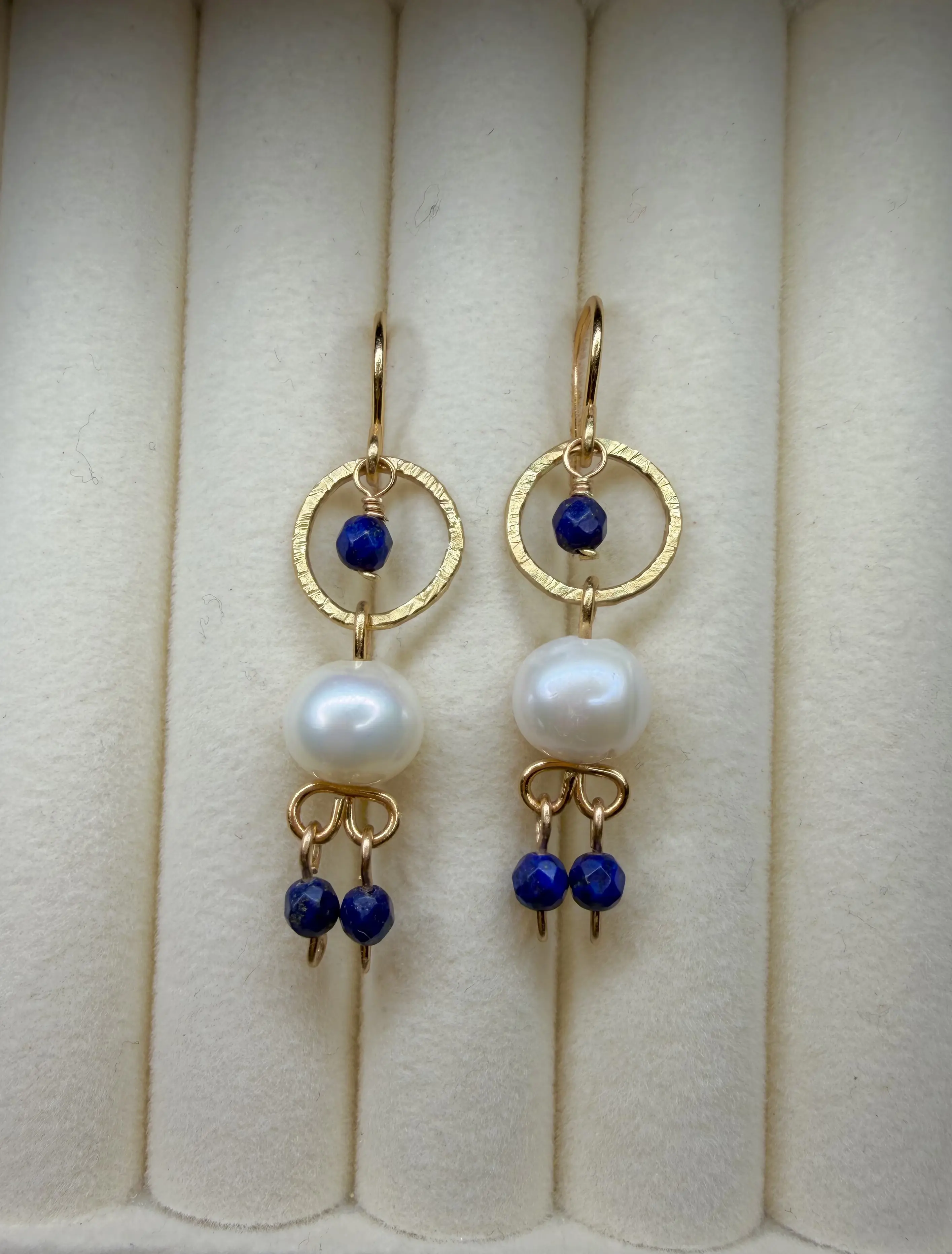 Hammered Lapis Pearl Earrings